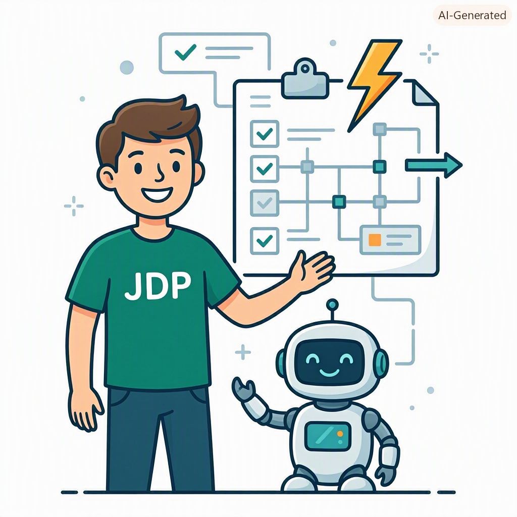 Illustration of a practitioner and a friendly AI robot reviewing a workflow checklist together, representing human oversight paired with AI-assisted acceleration.