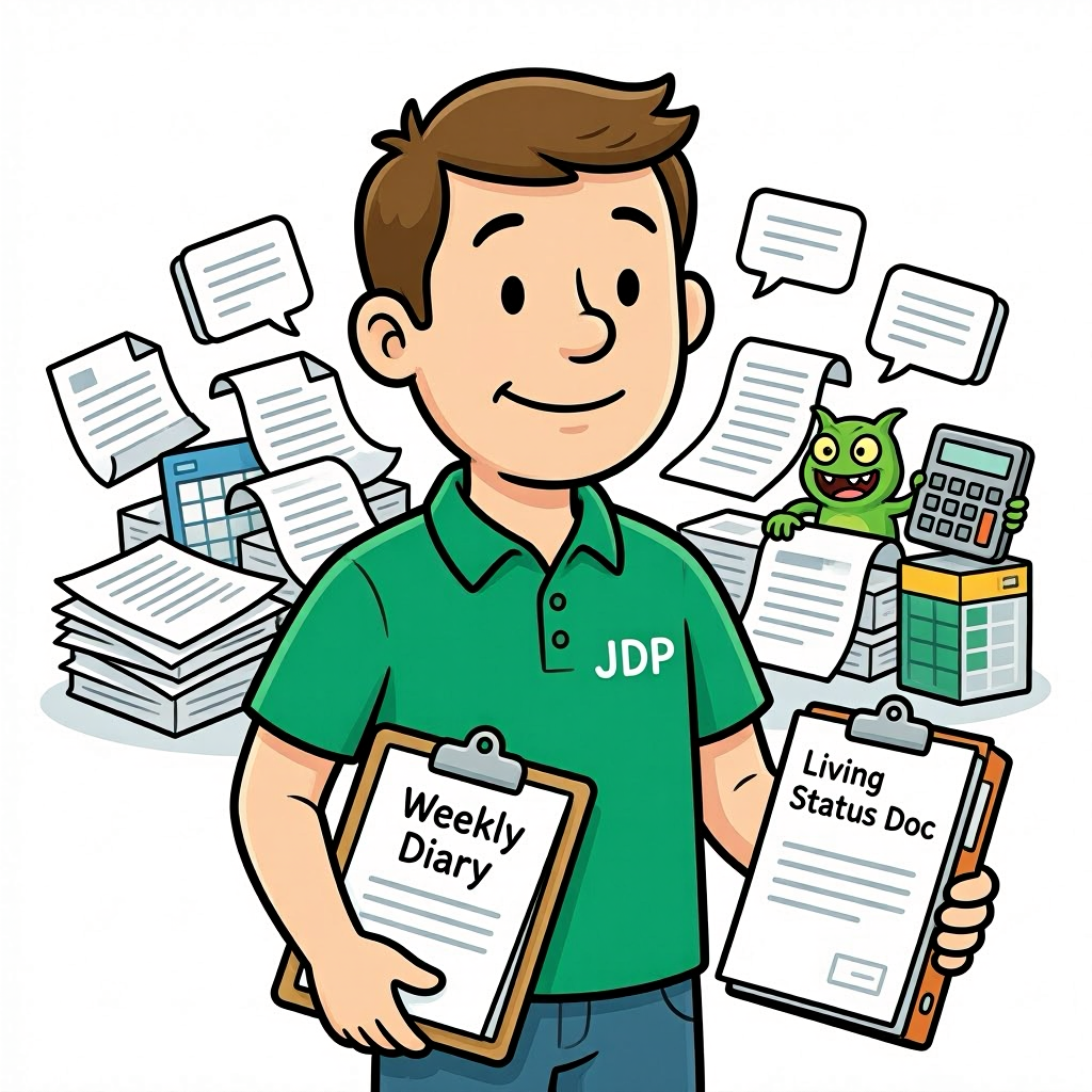 Illustration of a practitioner holding a Weekly Diary clipboard and a Living Status Doc clipboard, with a disorganized pile of transcripts, slide decks, and spreadsheets behind him, representing the shift from raw source material to synthesized documentation.